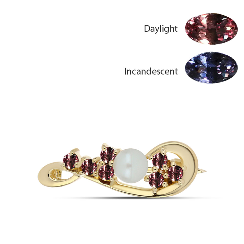 Broşă din Argint 925 Placat cu Aur ( 2.2 grame ) cu Granat Tsivory care își schimbă culoarea și Perlă de Apă Dulce Albă 0.9 Carate 1 