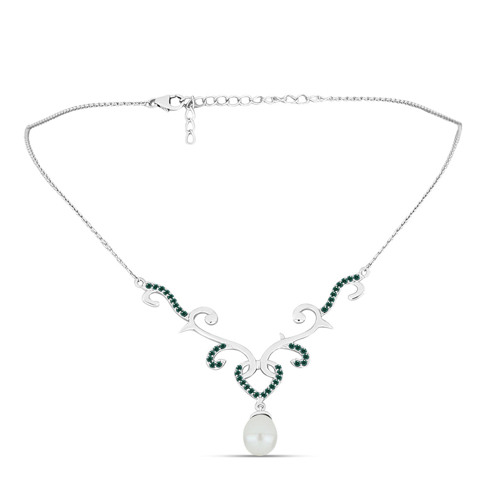 Colier din Argint 925 ( 5.05 grame ) cu Moissanite verde-albăstrui marin și Perlă de Apă Dulce Albă 5.25 Carate 1 