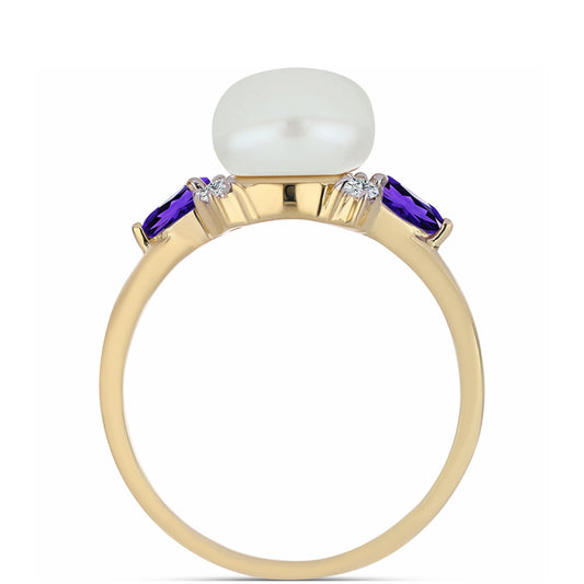 Inel din Argint 925 Placat cu Aur ( 2.68 grame ) cu Ametist Marocan și Perlă de Apă Dulce Albă 5.69 Carate