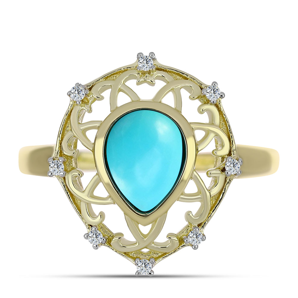 Inel din Argint 925 Placat cu Aur ( 3.3 grame ) cu Turcoaz ”Frumoasa Adormită” și Topaz Alb 1.17 Carate 1 