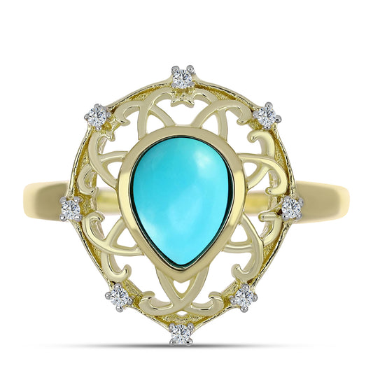Inel din Argint 925 Placat cu Aur ( 3.3 grame ) cu Turcoaz ”Frumoasa Adormită” și Topaz Alb 1.17 Carate