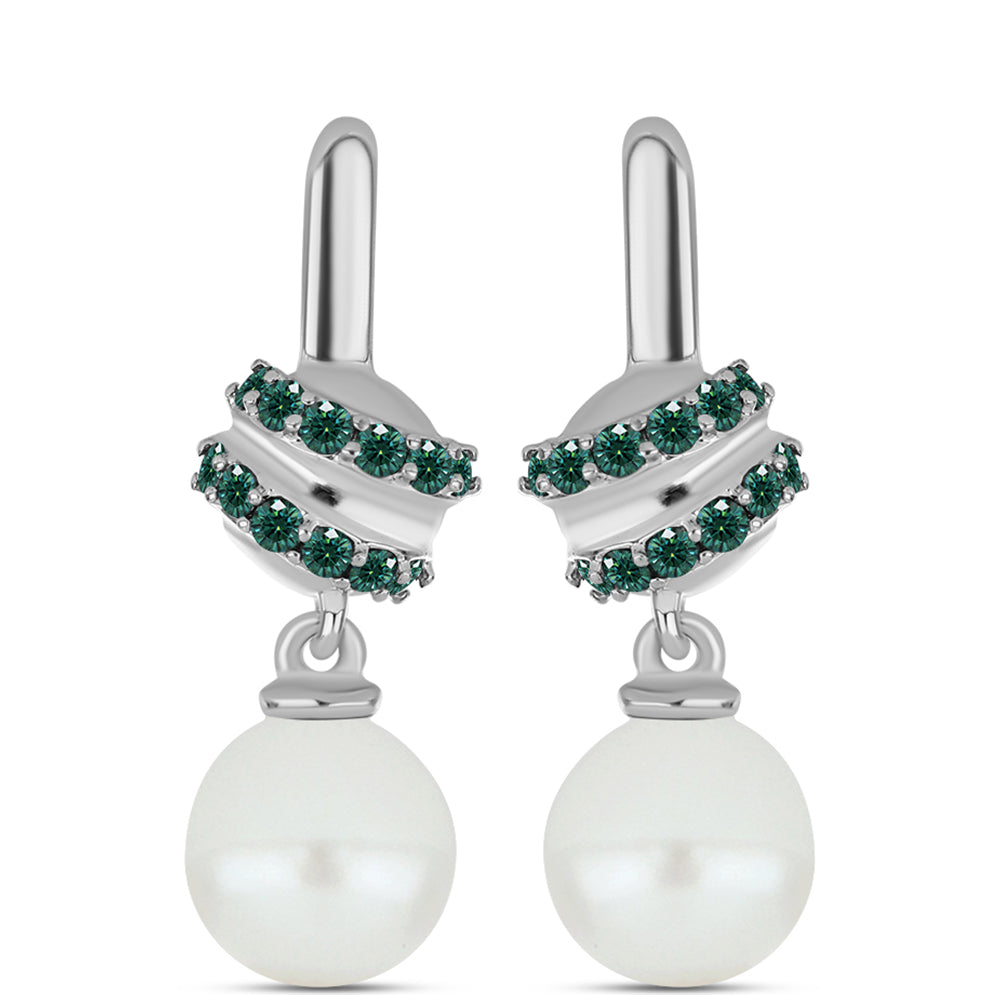 Cercei din Argint 925 ( 3.22 grame ) cu Moissanite verde-albăstrui marin și Perlă de Apă Dulce Albă 7.18 Carate 1 