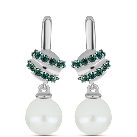 Cercei din Argint 925 ( 3.22 grame ) cu Moissanite verde-albăstrui marin și Perlă de Apă Dulce Albă 7.18 Carate
