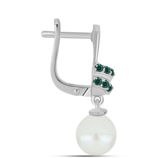 Cercei din Argint 925 ( 3.22 grame ) cu Moissanite verde-albăstrui marin și Perlă de Apă Dulce Albă 7.18 Carate