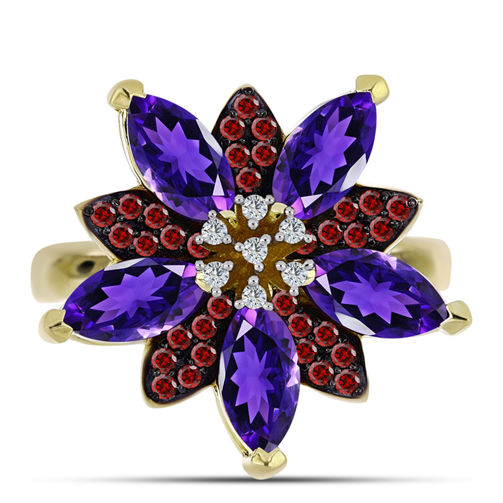 Inel din Argint 925 Placat cu Aur ( 4.93 grame ) cu Ametist Marocan și Granat Barton 2.83 Carate 1 