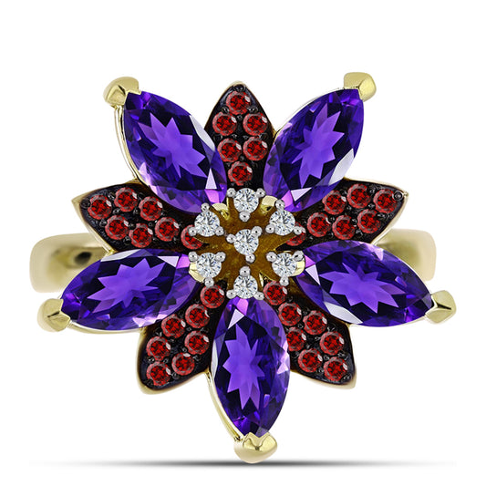 Inel din Argint 925 Placat cu Aur ( 4.93 grame ) cu Ametist Marocan și Granat Barton 2.83 Carate