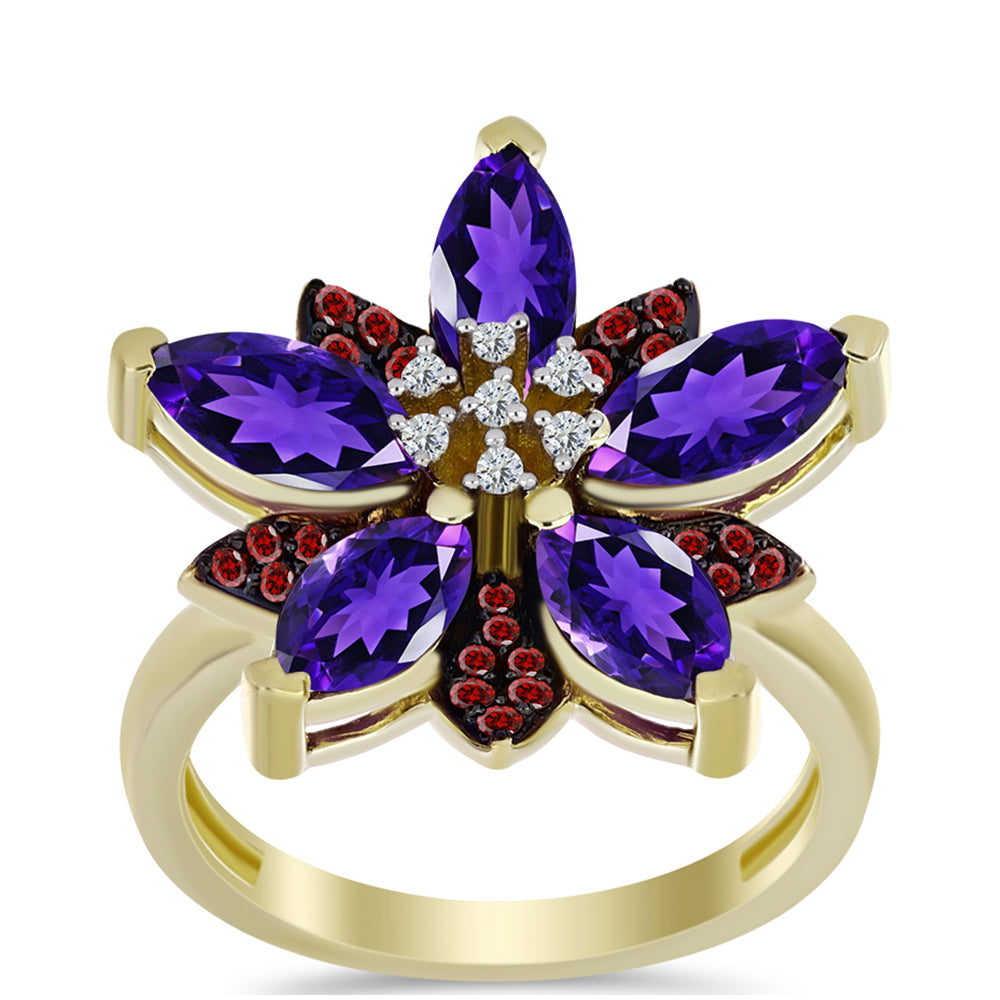 Inel din Argint 925 Placat cu Aur ( 4.93 grame ) cu Ametist Marocan și Granat Barton 2.83 Carate