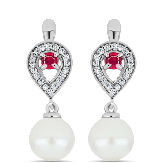 Cercei din Argint 925 ( 3.16 grame ) cu Rubin Malagasy și Perlă de Apă Dulce Albă 7.36 Carate