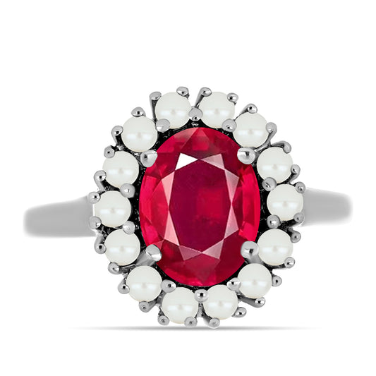 Inel din Argint 925 ( 3.21 grame ) cu Rubin Malagasy și Perlă de Apă Dulce Albă 3.34 Carate
