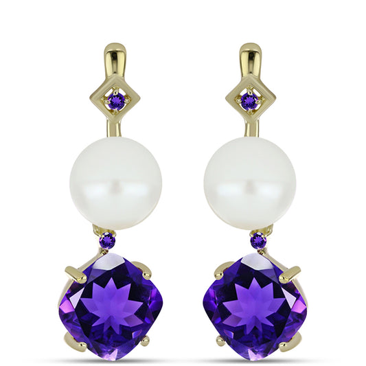 Cercei din Argint 925 Placat cu Aur ( 2.76 grame ) cu Ametist Marocan și Perlă de Apă Dulce Albă 10.69 Carate