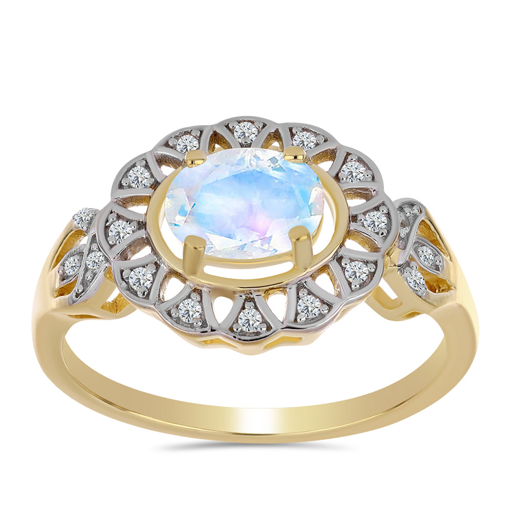 Inel din Argint 925 Placat cu Aur ( 3.51 grame ) cu Piatra Lunii Curcubeu și Topaz Alb 1.23 Carate 3 