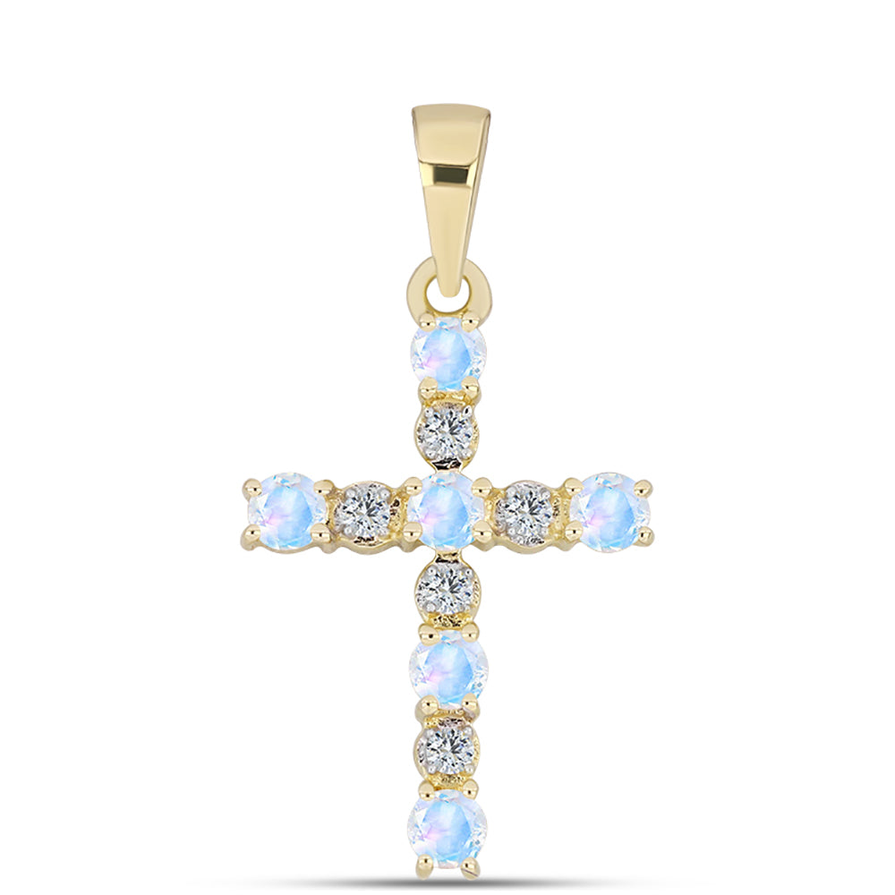 Cruce Pandantiv din Argint 925 Placat cu Aur ( 1.01 grame ) cu Piatra Lunii Curcubeu și Topaz Alb 0.45 Carate