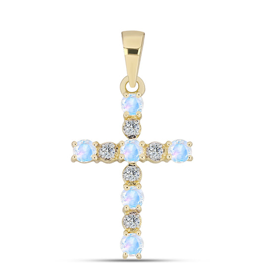 Cruce Pandantiv din Argint 925 Placat cu Aur ( 1.01 grame ) cu Piatra Lunii Curcubeu și Topaz Alb 0.45 Carate