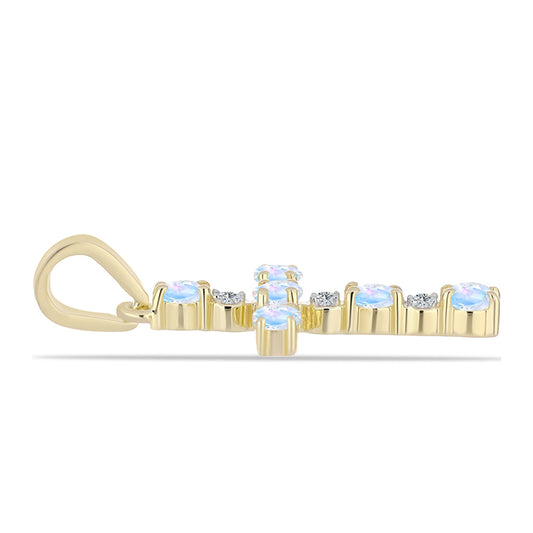 Cruce Pandantiv din Argint 925 Placat cu Aur ( 1.01 grame ) cu Piatra Lunii Curcubeu și Topaz Alb 0.45 Carate