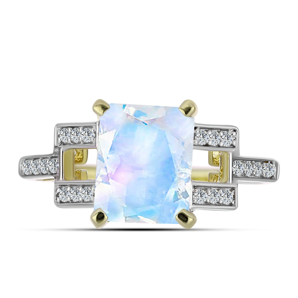 Inel din Argint 925 Placat cu Aur ( 3.15 grame ) cu Piatra Lunii Curcubeu și Topaz Alb 3.01 Carate 1 