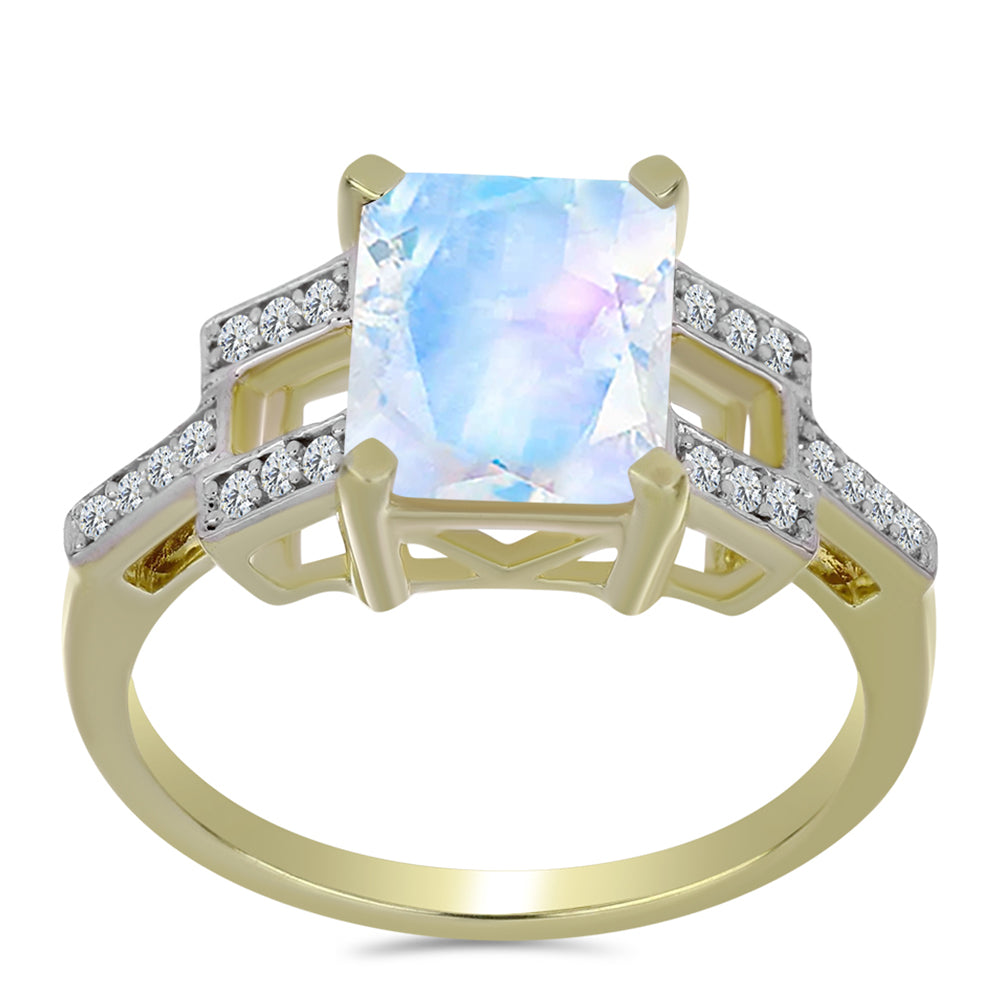 Inel din Argint 925 Placat cu Aur ( 3.15 grame ) cu Piatra Lunii Curcubeu și Topaz Alb 3.01 Carate