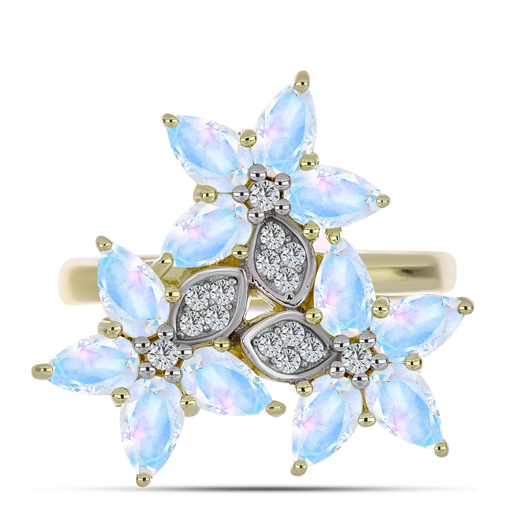 Inel din Argint 925 Placat cu Aur ( 3.76 grame ) cu Piatra Lunii Curcubeu și Topaz Alb 2.76 Carate 1 