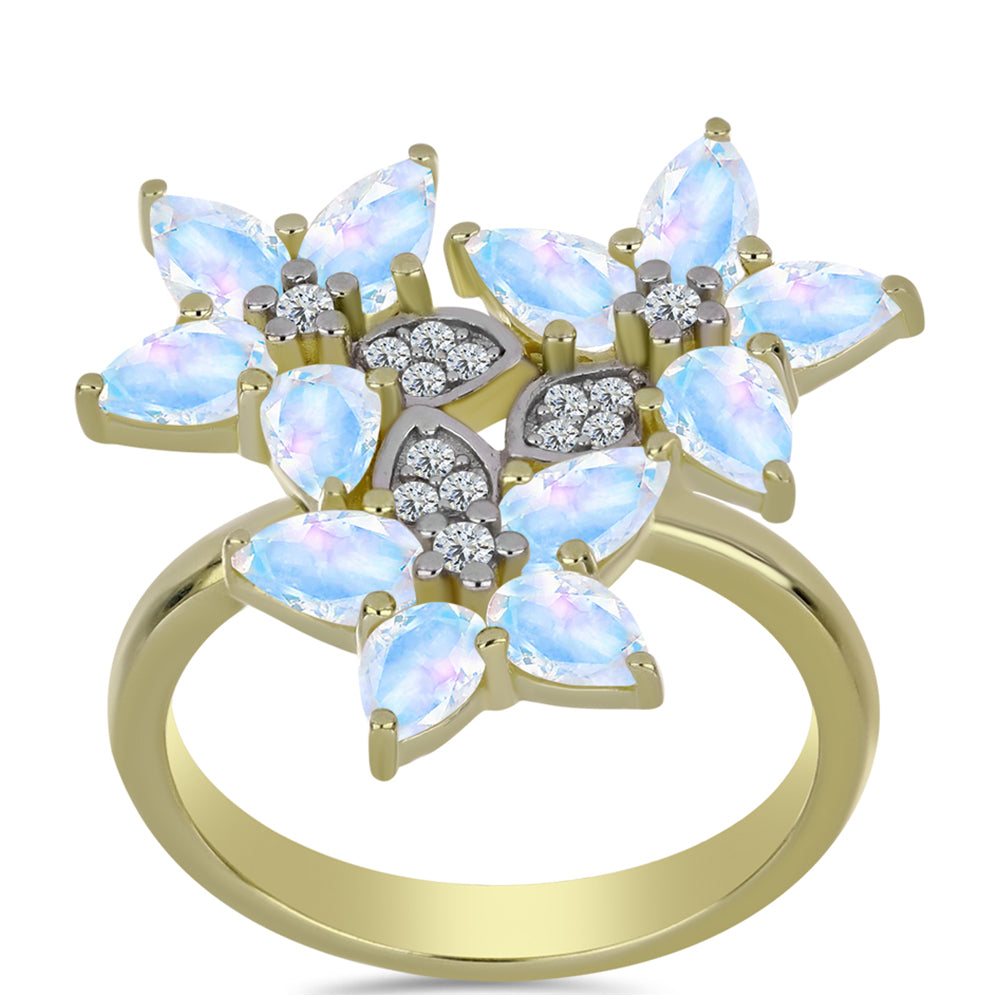 Inel din Argint 925 Placat cu Aur ( 3.76 grame ) cu Piatra Lunii Curcubeu și Topaz Alb 2.76 Carate 3 