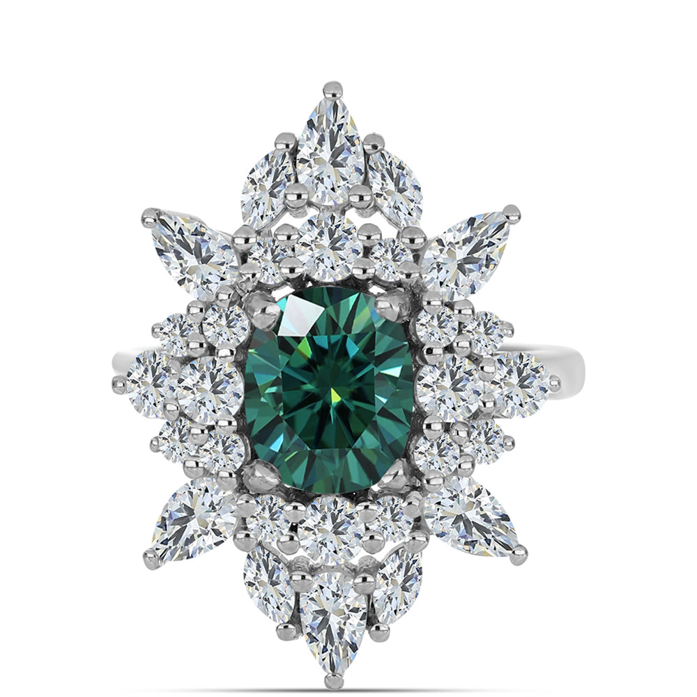 Inel din Argint 925 ( 4.59 grame ) cu Moissanite verde-albăstrui marin și Topaz Alb 4.95 Carate