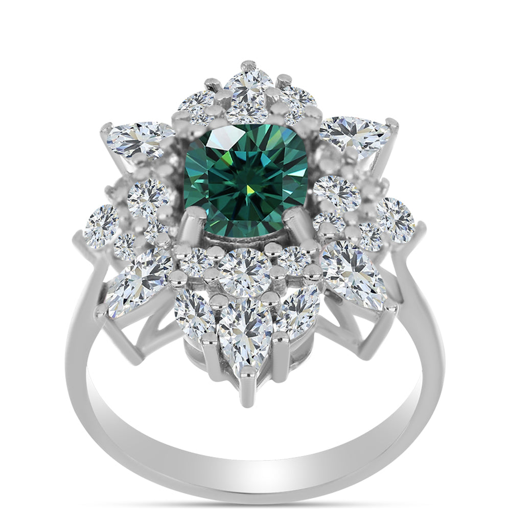 Inel din Argint 925 ( 4.59 grame ) cu Moissanite verde-albăstrui marin și Topaz Alb 4.95 Carate