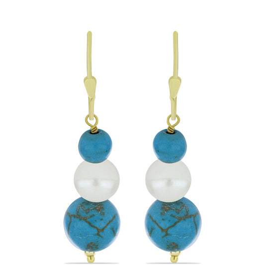 Cercei din Argint 925 Placat cu Aur ( 1 grame ) cu Turcoaz ”Frumoasa Adormită” și Perlă de Apă Dulce Albă 20.05 Carate
