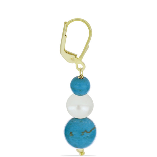 Cercei din Argint 925 Placat cu Aur ( 1 grame ) cu Turcoaz ”Frumoasa Adormită” și Perlă de Apă Dulce Albă 20.05 Carate
