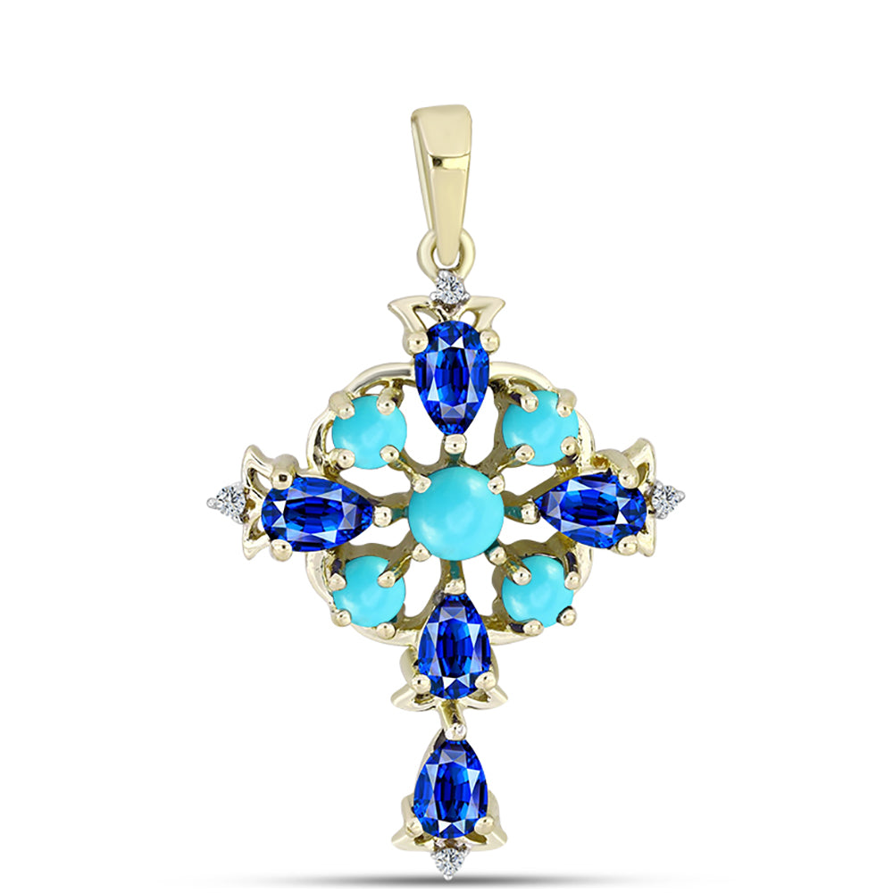 Cruce Pandantiv din Argint 925 Placat cu Aur ( 2.5 grame ) cu Turcoaz ”Frumoasa Adormită” și Safir Albastru Australian 2.65 Carate