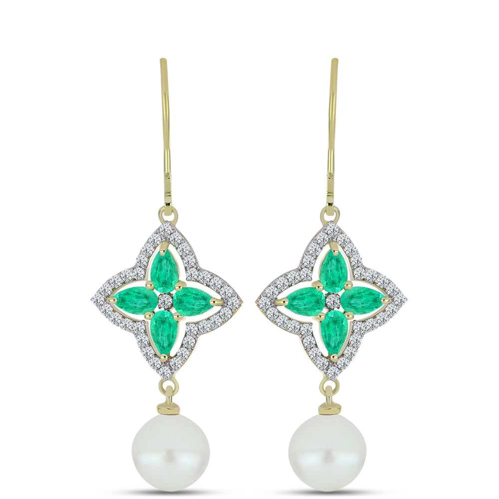 Cercei din Argint 925 Placat cu Aur ( 3.29 grame ) cu Smarald Columbian și Perlă de Apă Dulce Albă 10.2 Carate 1 