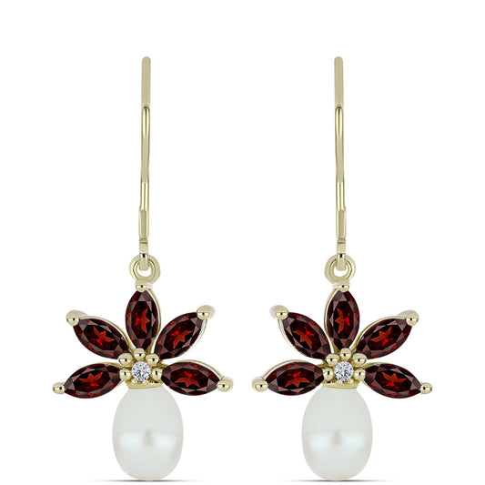 Cercei din Argint 925 Placat cu Aur ( 2.76 grame ) cu Granat Barton și Perlă de Apă Dulce Albă 5.27 Carate
