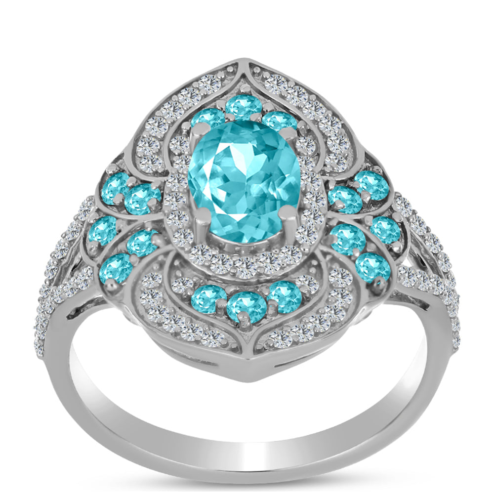 Inel din Argint 925 ( 4.06 grame ) cu Cuarț Paraiba și Topaz Alb 2.26 Carate 3 