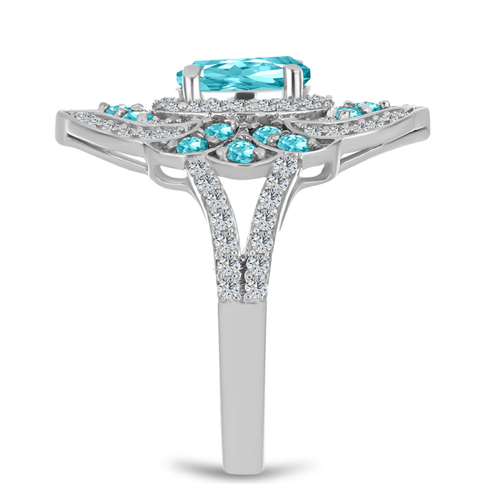 Inel din Argint 925 ( 4.06 grame ) cu Cuarț Paraiba și Topaz Alb 2.26 Carate 4 