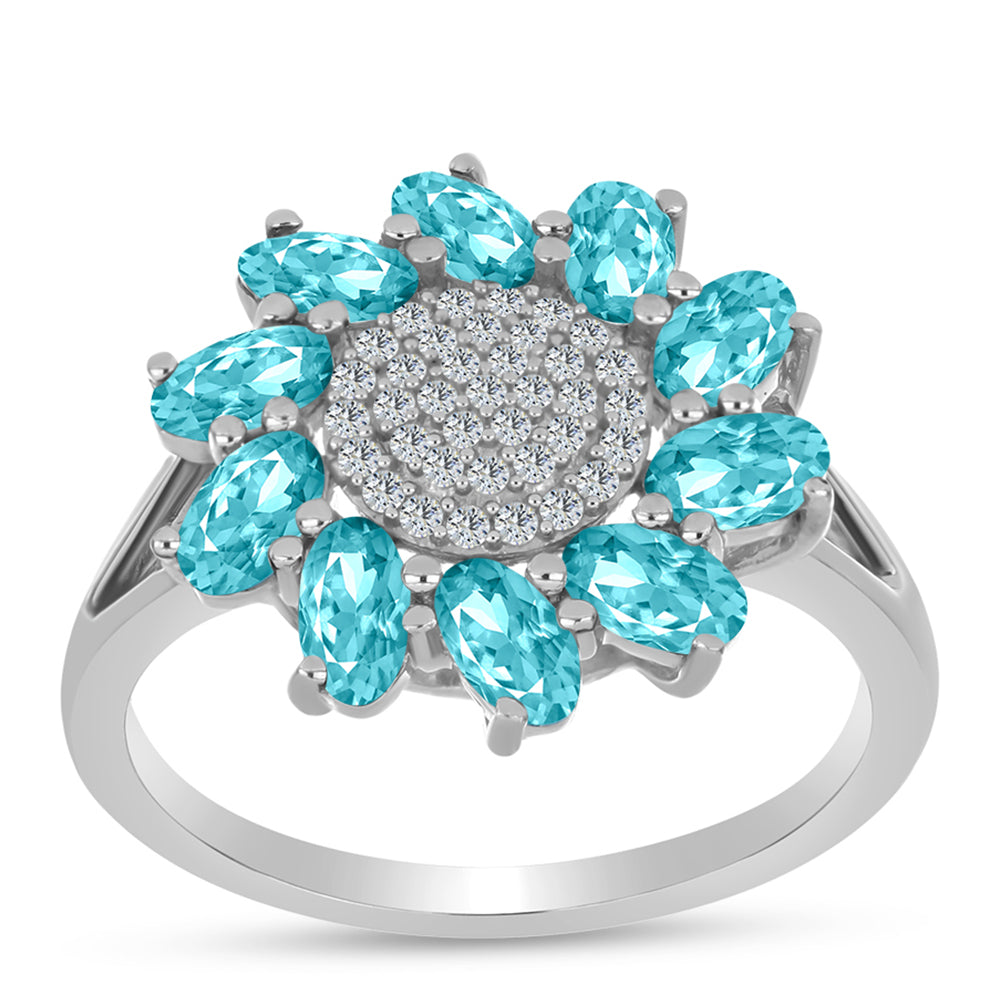 Inel din Argint 925 ( 3.23 grame ) cu Cuarț Paraiba și Topaz Alb 2.11 Carate 3 