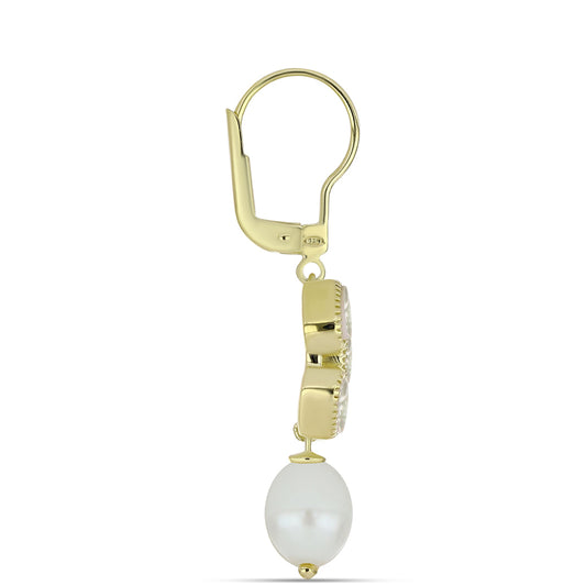 Cercei din Argint 925 Placat cu Aur ( 4.15 grame ) cu Sidef și Perlă de Apă Dulce Albă 9.44 Carate