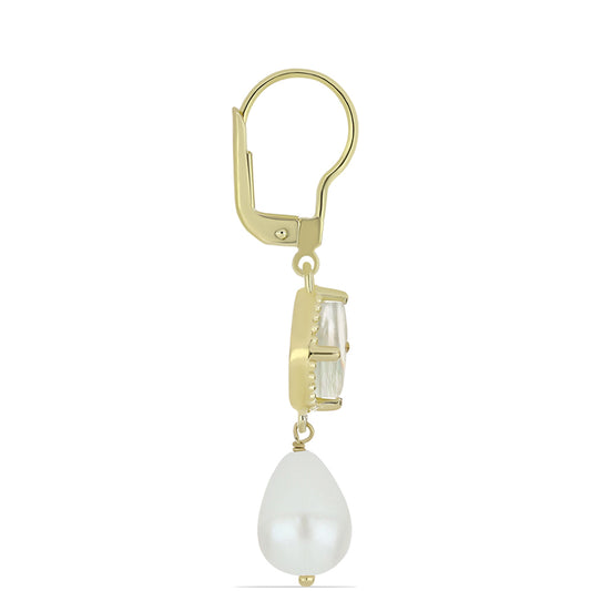 Cercei din Argint 925 Placat cu Aur ( 2.75 grame ) cu Sidef și Perlă de Apă Dulce Albă 10.92 Carate