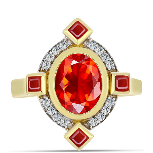 Inel din Argint 925 Placat cu Aur ( 4.2 grame ) cu Opal Etiopian Lega Dembi Roșu și Topaz Alb 1.35 Carate
