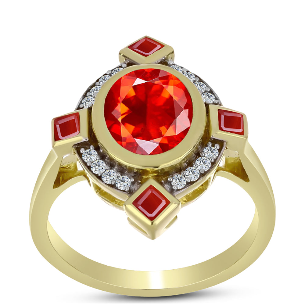 Inel din Argint 925 Placat cu Aur ( 4.2 grame ) cu Opal Etiopian Lega Dembi Roșu și Topaz Alb 1.35 Carate 3 