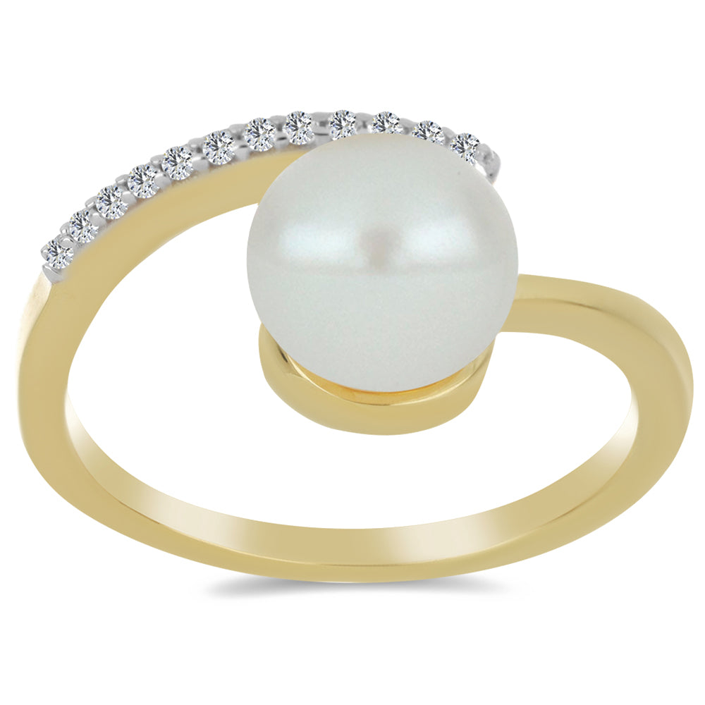 Inel din Argint 925 Placat cu Aur ( 2.04 grame ) cu Perlă de Apă Dulce Albă și Topaz Alb 6.97 Carate 3 