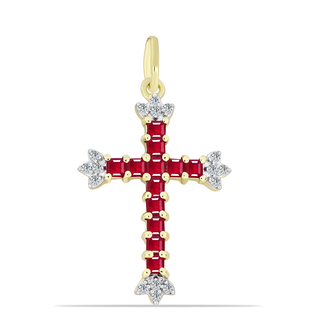 Cruce Pandantiv din Argint 925 Placat cu Aur ( 1.84 grame ) cu Rubin Malagasy și Topaz Alb 1.15 Carate 1 
