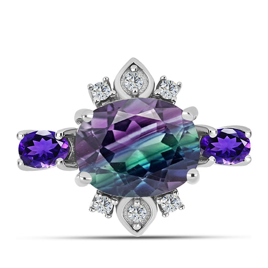 Inel din Argint 925 ( 2.52 grame ) cu Fluorit Zebra și Ametist Marocan 3.73 Carate