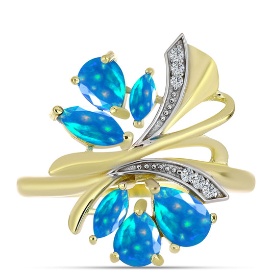 Inel din Argint 925 Placat cu Aur ( 3.23 grame ) cu Opal Etiopian ”Paradis” și Topaz Alb 0.92 Carate
