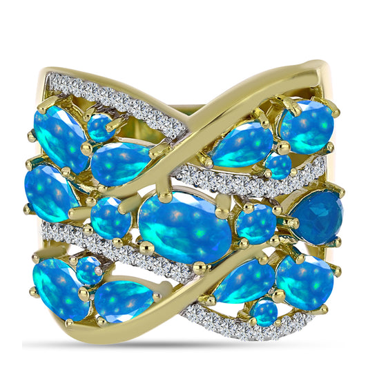 Inel din Argint 925 Placat cu Aur ( 8.76 grame ) cu Opal Etiopian ”Paradis” și Topaz Alb 3.09 Carate