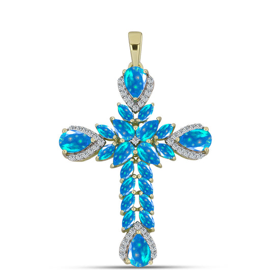 Cruce Pandantiv din Argint 925 Placat cu Aur ( 3.44 grame ) cu Opal Etiopian ”Paradis” și Topaz Alb 2.51 Carate