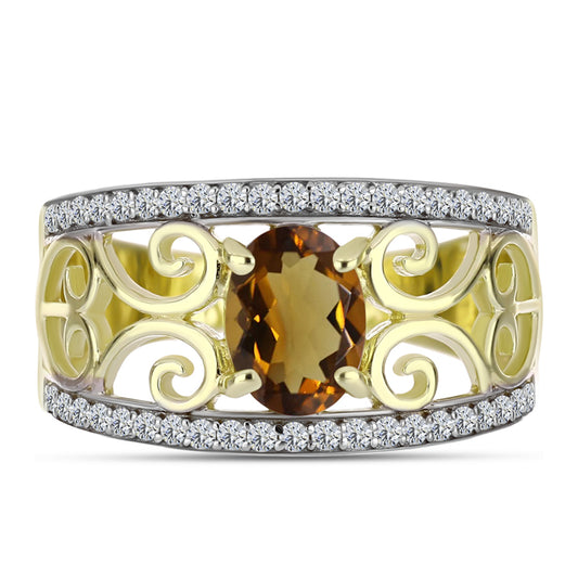 Inel din Argint 925 Placat cu Aur ( 4.64 grame ) cu Cuarț Coniac și Topaz Alb 1.43 Carate