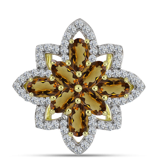 Inel din Argint 925 Placat cu Aur ( 3.92 grame ) cu Cuarț Coniac și Topaz Alb 2.2 Carate