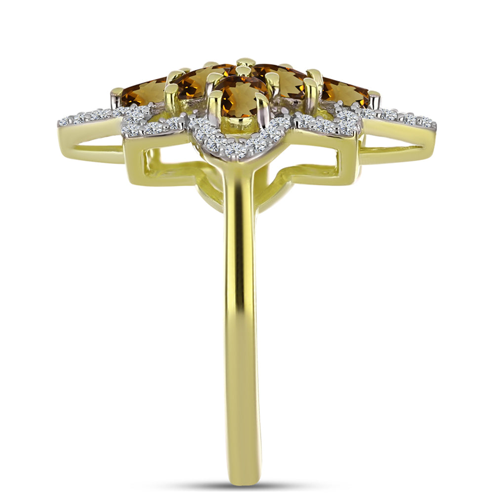 Inel din Argint 925 Placat cu Aur ( 3.92 grame ) cu Cuarț Coniac și Topaz Alb 2.2 Carate 4 