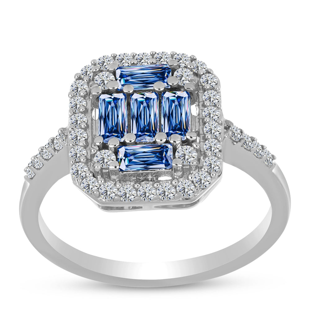 Inel din Argint 925 ( 2.77 grame ) cu Moissanite Albastru Oceanic și Topaz Alb 1.02 Carate