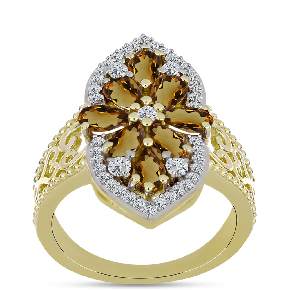 Inel din Argint 925 Placat cu Aur ( 4.54 grame ) cu Cuarț Coniac și Topaz Alb 1.98 Carate 3 