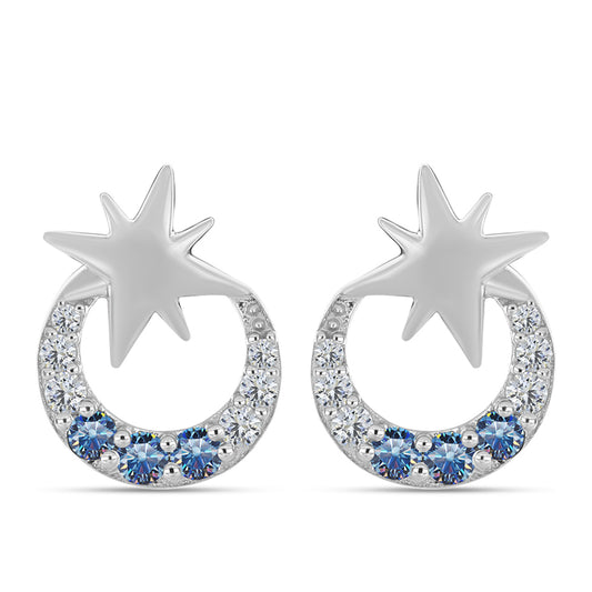 Cercei din Argint 925 ( 1.75 grame ) cu Moissanite Albastru Oceanic și Topaz Alb 0.26 Carate