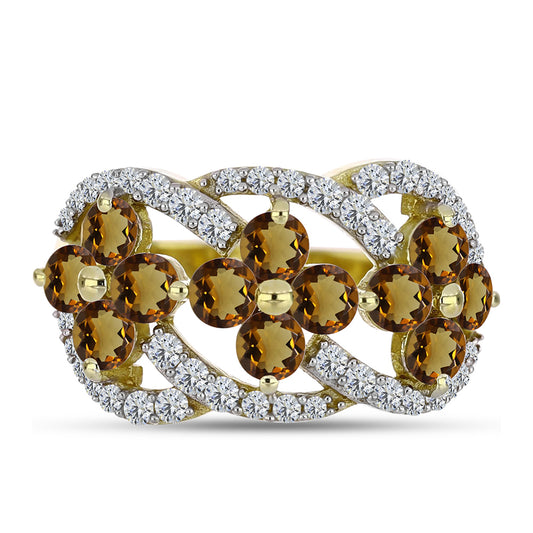 Inel din Argint 925 Placat cu Aur ( 3.74 grame ) cu Cuarț Coniac și Topaz Alb 1.82 Carate