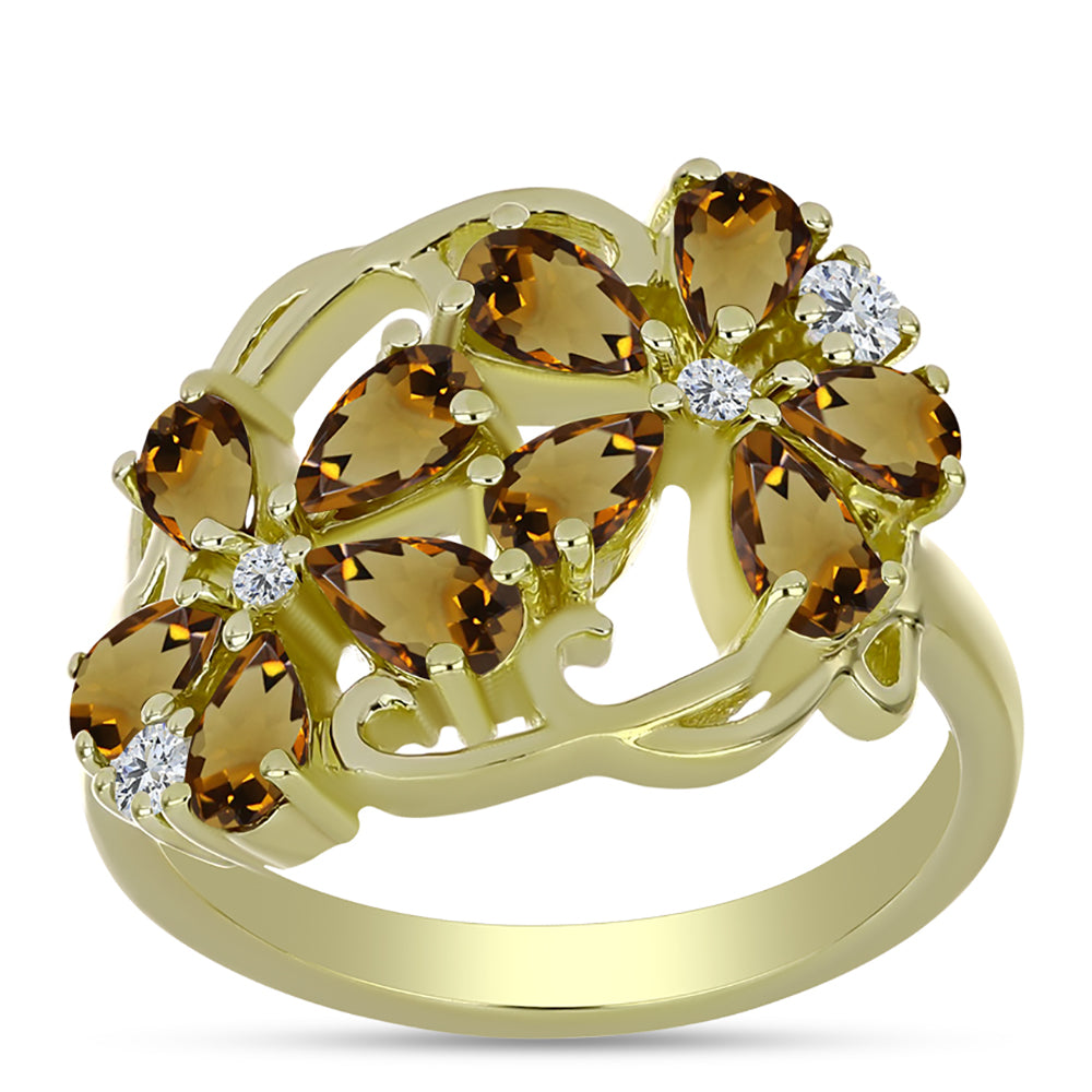 Inel din Argint 925 Placat cu Aur ( 4.44 grame ) cu Cuarț Coniac și Topaz Alb 2.09 Carate